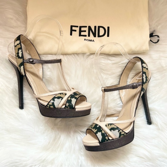 Fendi Shoes - FENDI Karung Leather Sequin Platform T-Strap Heels